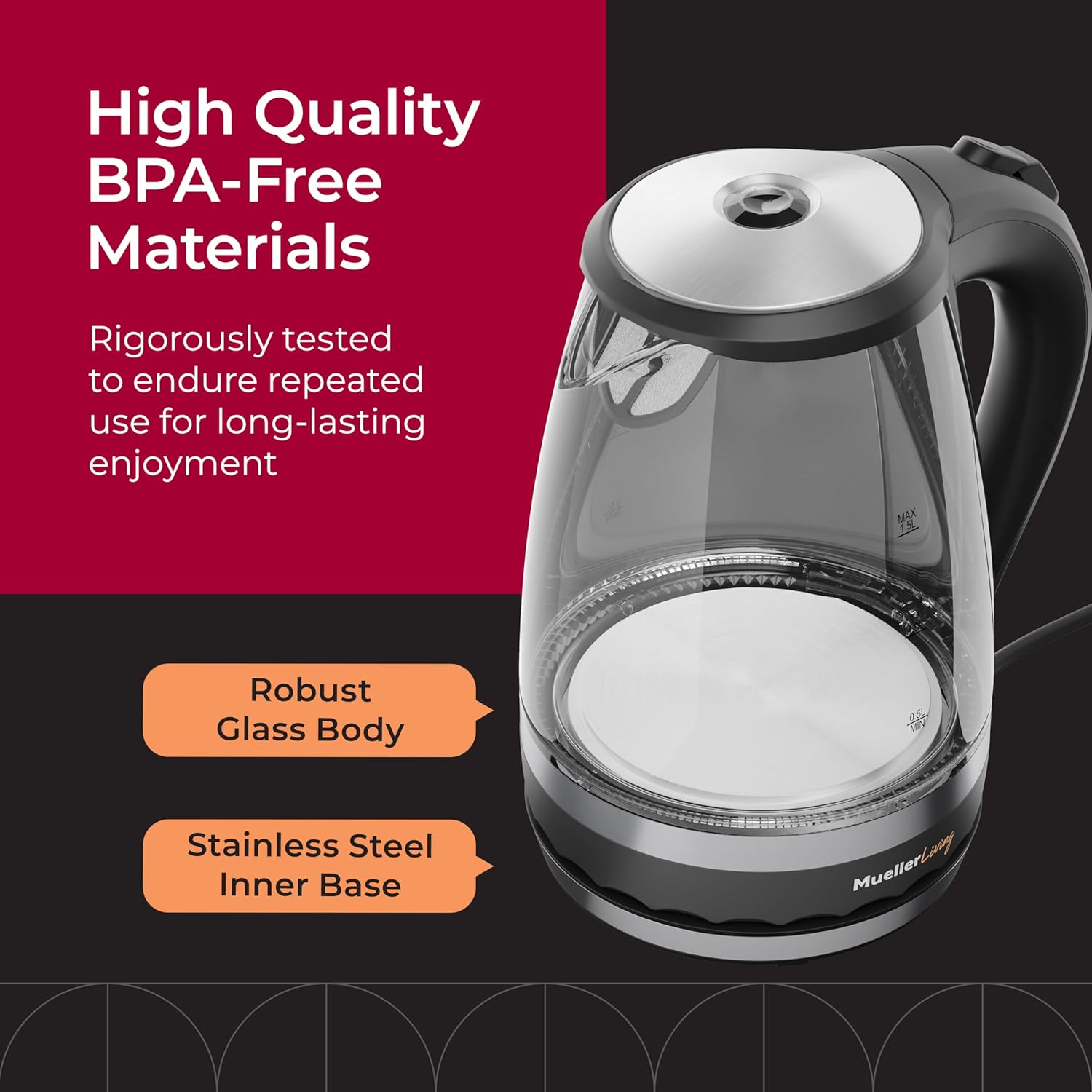 MuellerLiving Glass Kettle 1.5L 1500W LED Light Electric Tea Kettle Automatic Shut-Off with SpeedBoil Tech and Boil-Dry Protection