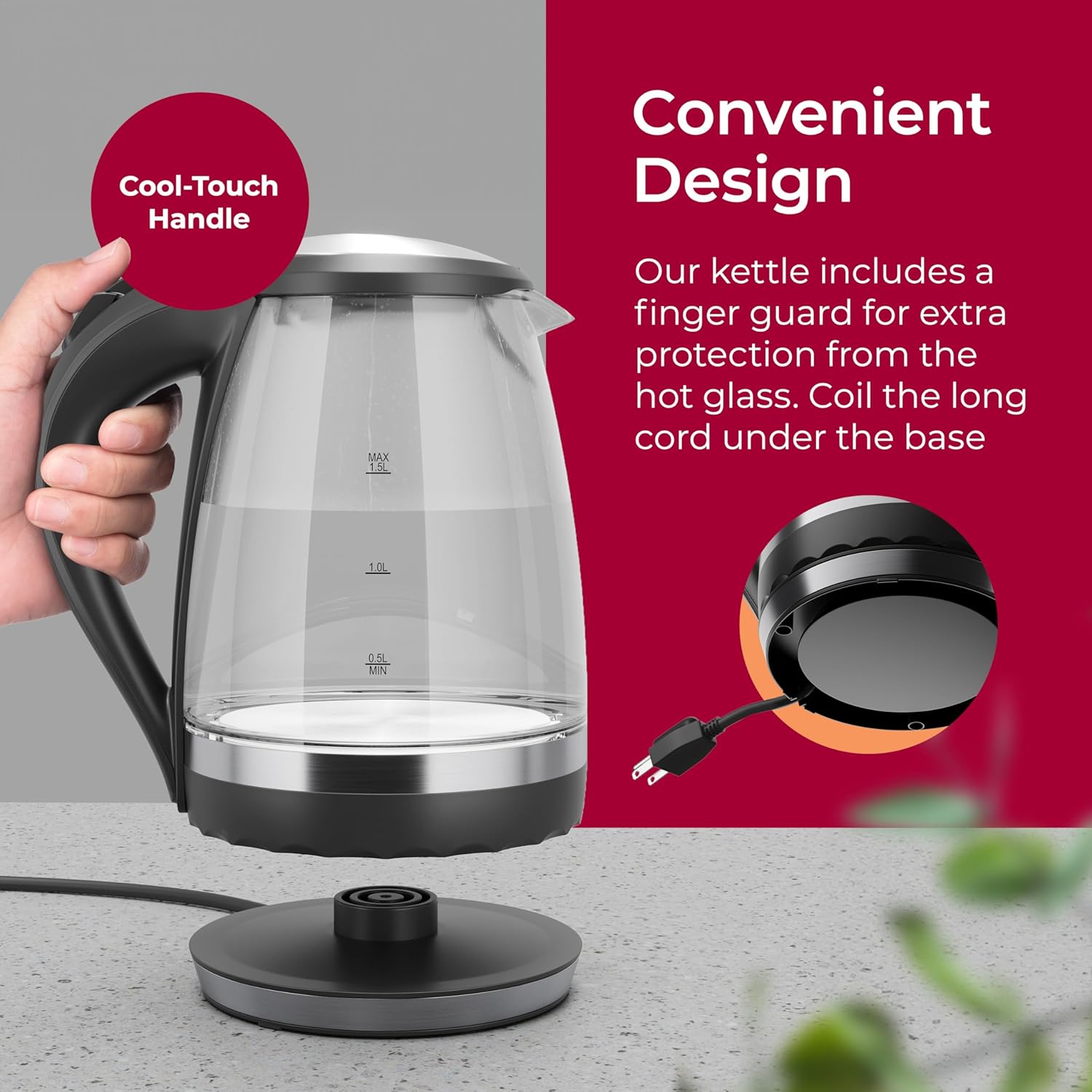 MuellerLiving Glass Kettle 1.5L 1500W LED Light Electric Tea Kettle Automatic Shut-Off with SpeedBoil Tech and Boil-Dry Protection