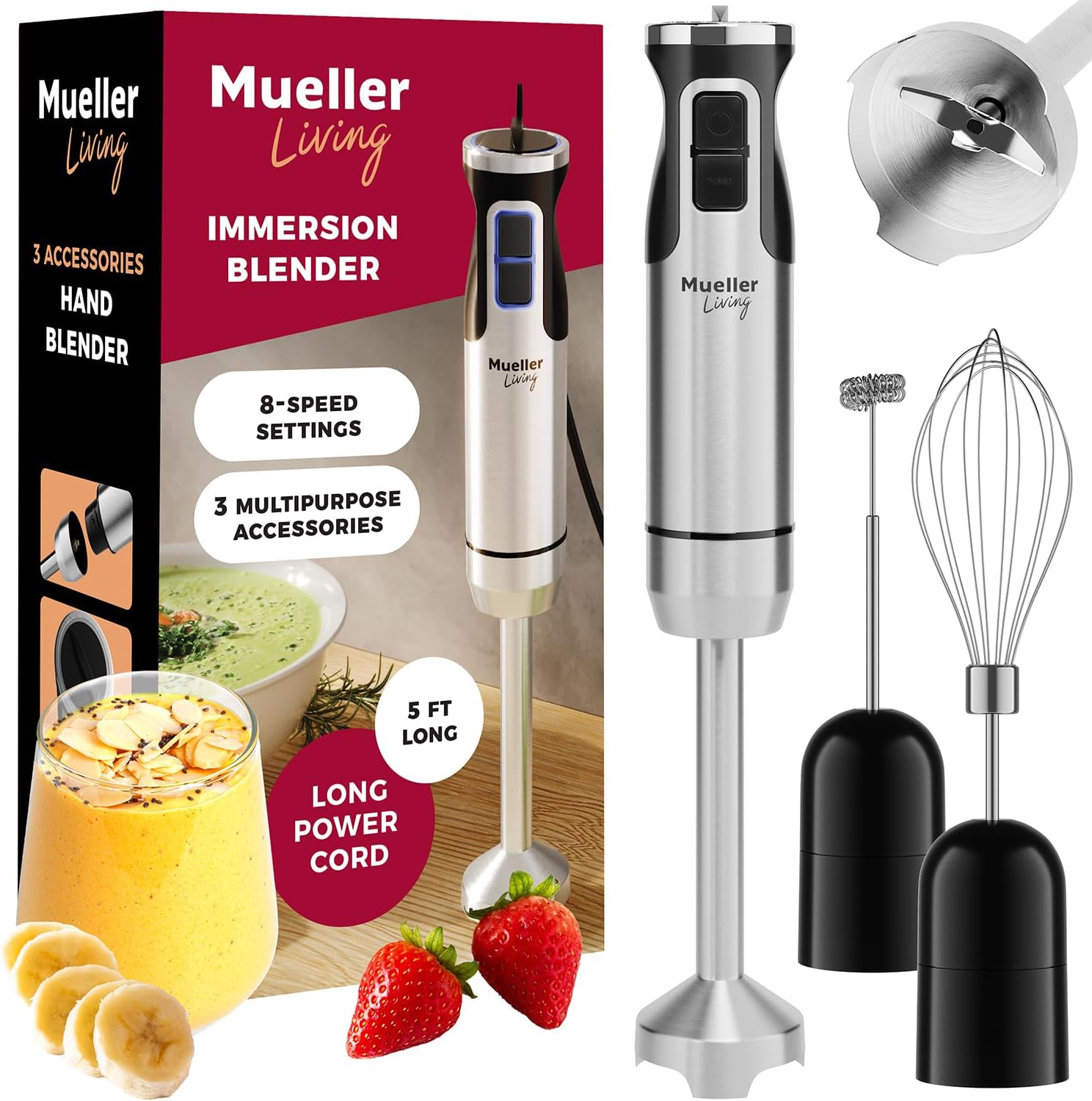 MuellerLiving Immersion Blender Stick with 3 Accessories