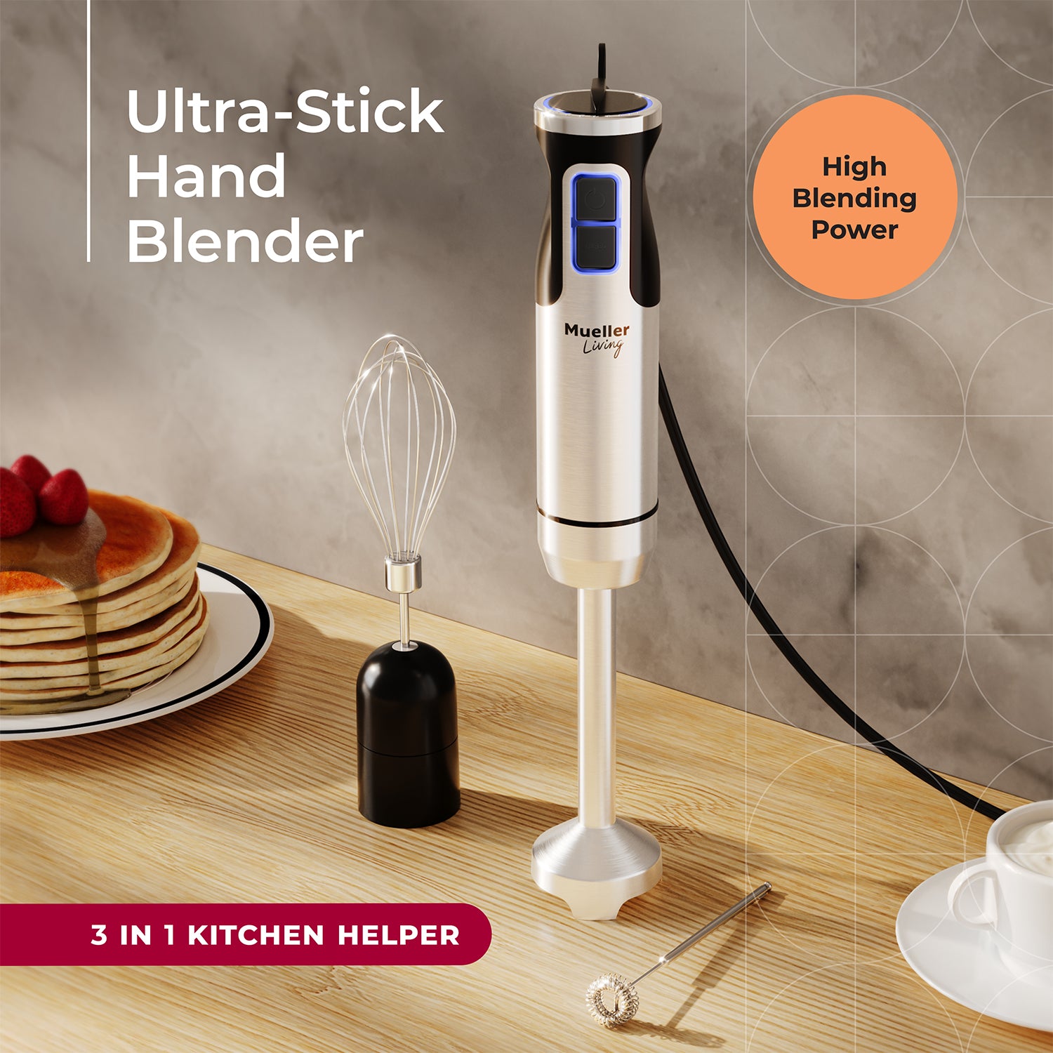 MuellerLiving Immersion Blender Stick with 3 Accessories